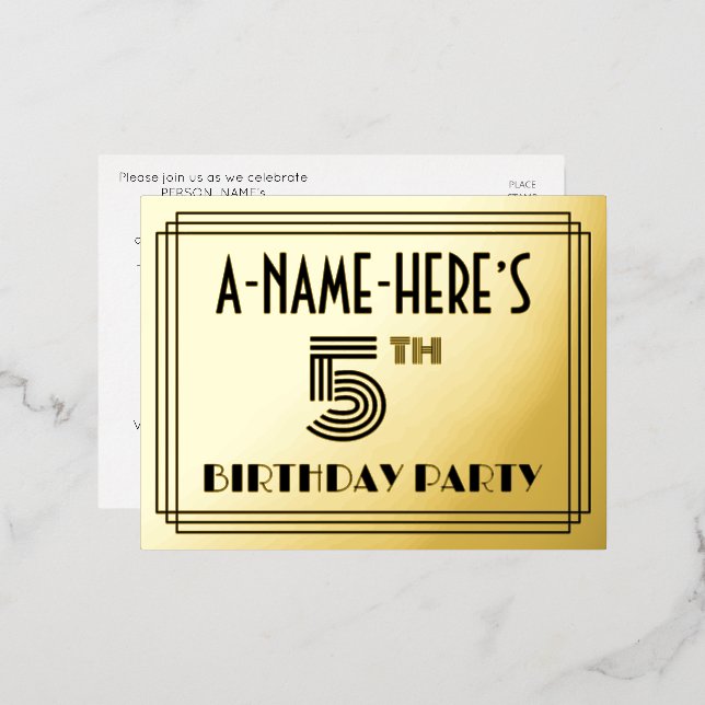 Carte Postale D'invitation À Feuilles D'aluminium 5th Birthday Party ~ Art Deco Style “5” + Name (Recto/Verso)