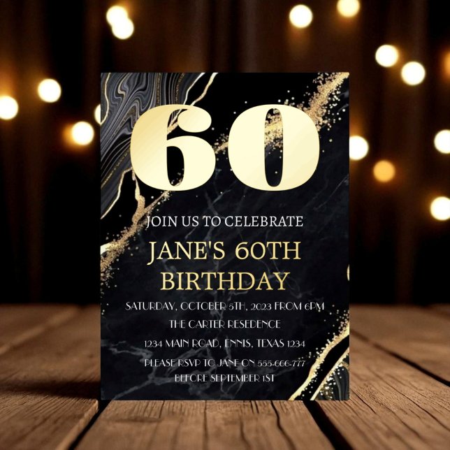 Carte Postale D'invitation À Feuilles D'aluminium 60e anniversaire moderne Black Gold Foil QR Code (Créateur téléchargé)