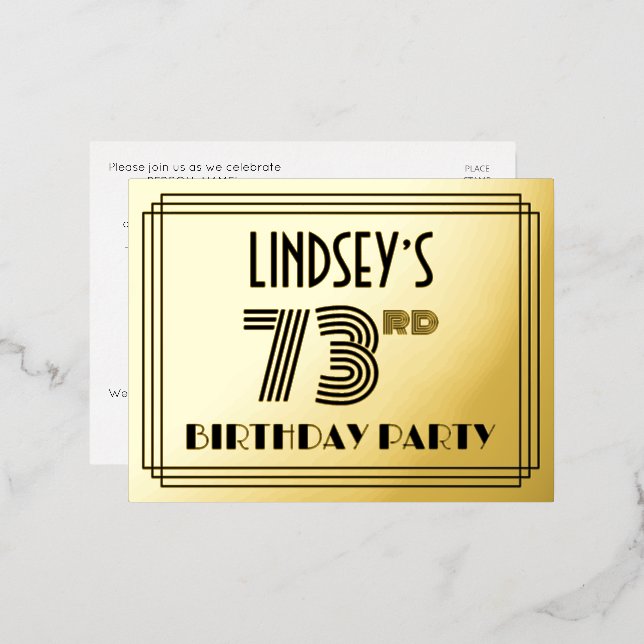Carte Postale D'invitation À Feuilles D'aluminium 73e fête d'anniversaire ~ Style Art Déco "73" + No (Recto/Verso)