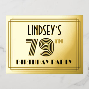 Carte Postale D'invitation À Feuilles D'aluminium 79e fête d'anniversaire ~ Style Art Déco "79" + No
