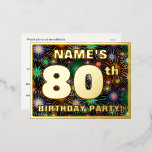 Carte Postale D'invitation À Feuilles D'aluminium 80th Birthday Party: Bold, Colorful Fireworks Look<br><div class="desc">The front of this exciting and fun eightieth birthday party foil invitation postcard design features an editable name, a large number “80th”, the message “BIRTHDAY PARTY!”, and a border. The background of the front features a vibrant, colorful bursting celebratory fireworks-inspired pattern. The back features personalized details about the event, such...</div>