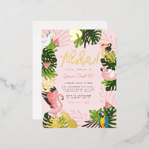Carte Postale D'invitation À Feuilles D'aluminium Aloha Hawaii Tropical Summer Gold Birthday Party