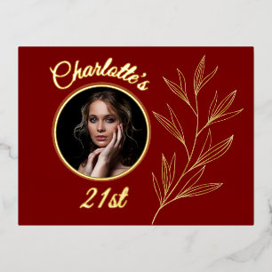 Carte Postale D'invitation À Feuilles D'aluminium Anniversaire Rouge Pale Jaune et Feuille d'or Grap