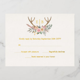 Carte Postale D'invitation À Feuilles D'aluminium Antlers Floral Stag Rose Fleurs RSVP Real Gold