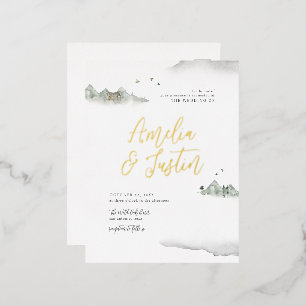 Carte Postale D'invitation À Feuilles D'aluminium Aquarelle gris Montagne Destination Mariage