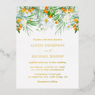 Carte Postale D'invitation À Feuilles D'aluminium Aquarelle Orchidées et Kumquats Mariage tropical