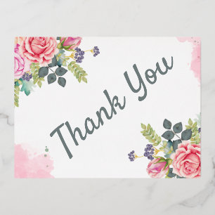 Carte Postale D'invitation À Feuilles D'aluminium Aquarelle Vert Fleurs roses