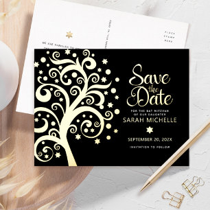 Carte Postale D'invitation À Feuilles D'aluminium Arbre de Vie Noir Or Bat Mitzvah Date de Sauvegard