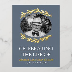 Carte Postale D'invitation À Feuilles D'aluminium Ardoise Bleu Vert Cadre Ovale Photo Funérailles Or