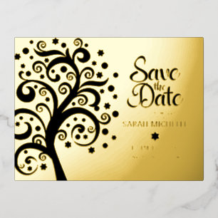 Carte Postale D'invitation À Feuilles D'aluminium Bat mitzvah Date de sauvegarde Arbre noir de vie O