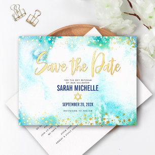 Carte Postale D'invitation À Feuilles D'aluminium Bat mitzvah Date de sauvegarde Turquoise Aquarelle