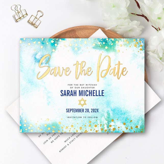 Carte Postale D'invitation À Feuilles D'aluminium Bat mitzvah Date de sauvegarde Turquoise Aquarelle (Créateur téléchargé)