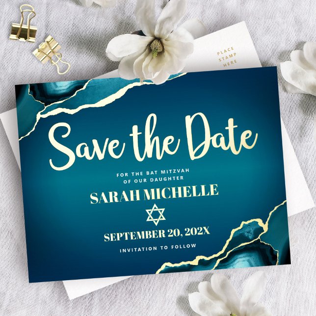 Carte Postale D'invitation À Feuilles D'aluminium Bat mitzvah Date de sauvegarde Turquoise Ombre Aga (Créateur téléchargé)