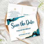 Carte Postale D'invitation À Feuilles D'aluminium Bat mitzvah Enregistrer Date Turquoise Agate Real<br><div class="desc">Assurez-vous que tous vos amis et parents pourront célébrer le Bat mitzvah de votre fille! Envoyez cette carte postale cool, unique, moderne et personnalisée "Save the Date" en feuille d'or véritable faire-part. Typographie de script bleu foncé, véritable feuille d'or sans serif typographie et véritable feuille d'or Star of David superpose...</div>