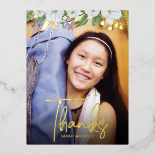 Carte Postale D'invitation À Feuilles D'aluminium Bat mitzvah Merci Photo Floral Bold Real Gold