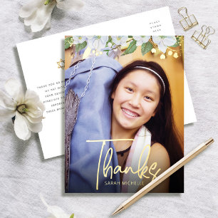 Carte Postale D'invitation À Feuilles D'aluminium Bat Mitzvah Remerciements Photo Fleurs Gras Or Rée