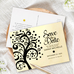 Carte Postale D'invitation À Feuilles D'aluminium Bat Mitzvah Sauvegarder Date Arbre de Vie Noir Or
