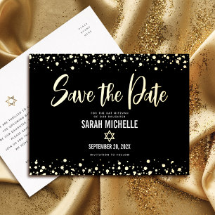 Carte Postale D'invitation À Feuilles D'aluminium Bat Mitzvah Sauvegarder Date Script Gras Or Noir R