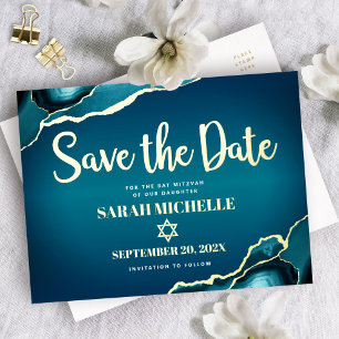 Carte Postale D'invitation À Feuilles D'aluminium Bat Mitzvah Sauvegarder Date Teinte Teal Agate Or 