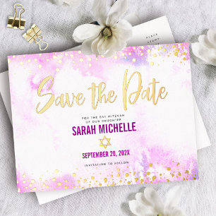 Carte Postale D'invitation À Feuilles D'aluminium Bat Mitzvah Save Date Pink Watercolor Real Gold