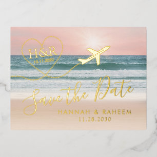 Carte Postale D'invitation À Feuilles D'aluminium Beach Wedding Sunset Heart Avion Enregistrer la da