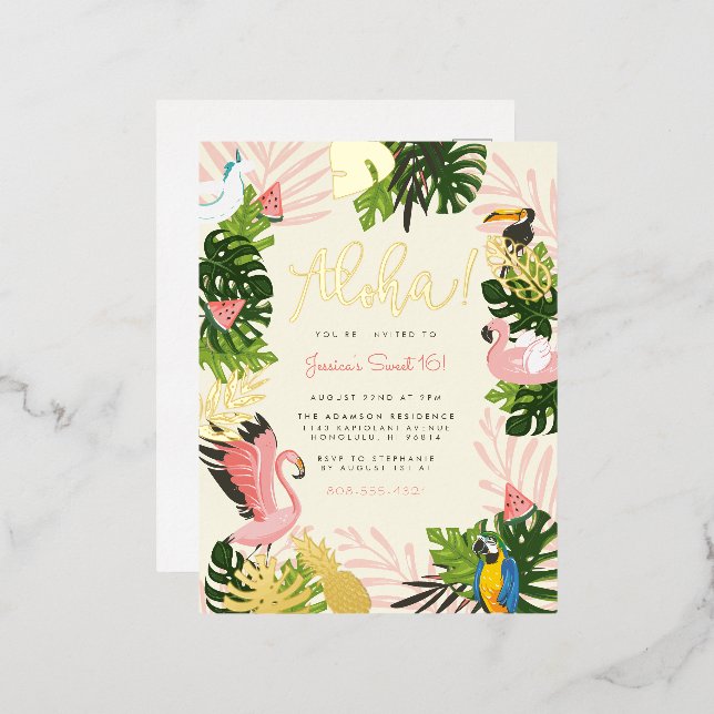 Carte Postale D'invitation À Feuilles D'aluminium Beige | Aloha Hawaii Tropical Gold Birthday Party (Recto/Verso)