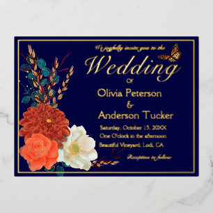 Carte Postale D'invitation À Feuilles D'aluminium Beurre de monarque de la Marine mariage de automne
