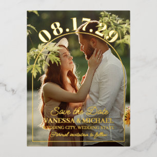 Carte Postale D'invitation À Feuilles D'aluminium Big Date Simple Gold Foil Arch Enregistrer la date