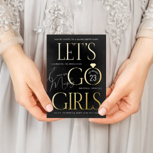 Carte Postale D'invitation À Feuilles D'aluminium Black and Gold Lets Go Girls Bachelorette Party