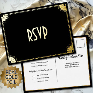 Carte Postale D'invitation À Feuilles D'aluminium Black Gold Art Deco Chic Floral Wedding RSVP Répon