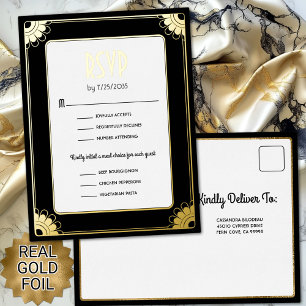 Carte Postale D'invitation À Feuilles D'aluminium Black Gold Art Déco Fleurs Mariage RSVP Réponse
