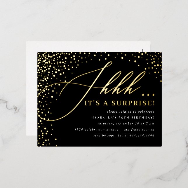 Carte Postale D'invitation À Feuilles D'aluminium Black & Gold Confetti Script Surprise Party (Recto/Verso)