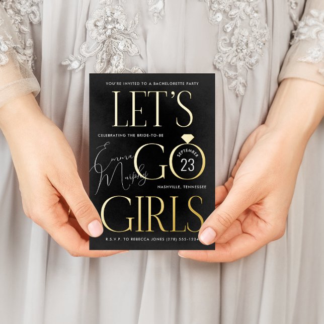 Carte Postale D'invitation À Feuilles D'aluminium Black Lets Go Girls Bachelorette Party (Black and gold foil Let's Go Girls country western bachelorette party invitation)