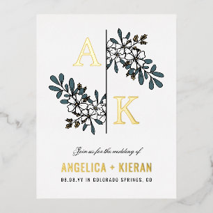 Carte Postale D'invitation À Feuilles D'aluminium Blanc Floral Vert Monogramme Mariage Or