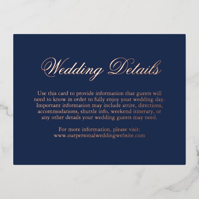 Carte Postale D'invitation À Feuilles D'aluminium Bleu de la marine traditionnelle Mariage élégant (Recto)