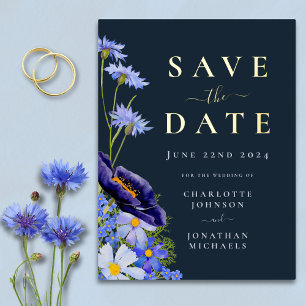 Carte Postale D'invitation À Feuilles D'aluminium Bleu Mariage or