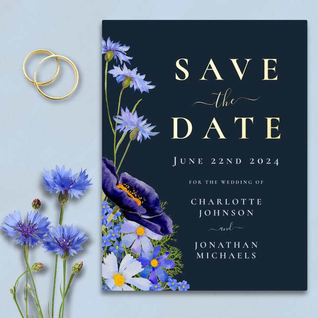 Carte Postale D'invitation À Feuilles D'aluminium Bleu Mariage or (Stylish blue floral gold foil wedding save the date invitation postcard )