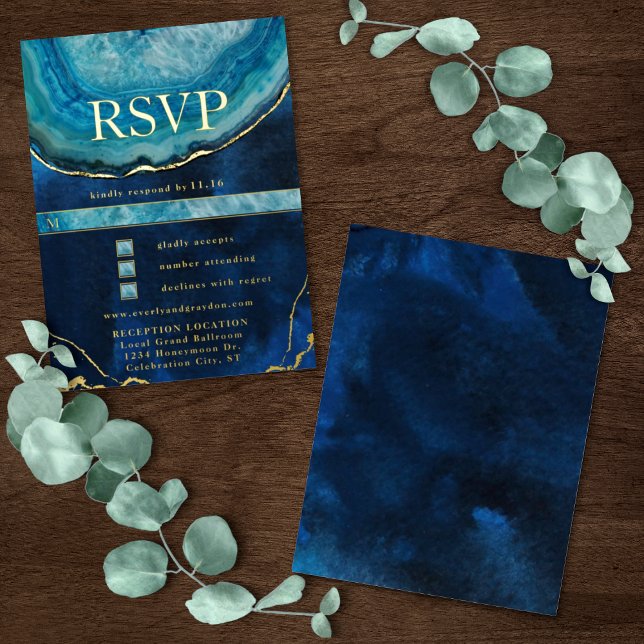 Carte Postale D'invitation À Feuilles D'aluminium Blue Gold Galaxy Agate Mariage RSVP (Créateur téléchargé)