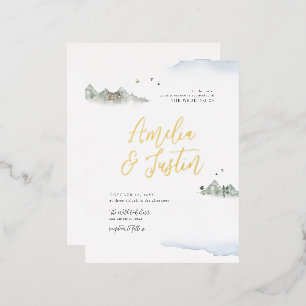 Carte Postale D'invitation À Feuilles D'aluminium Blue Watercolor Mountain Destination Mariage