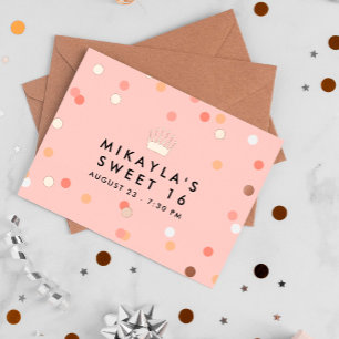 Carte Postale D'invitation À Feuilles D'aluminium Blush Confetti Crown Sweet 16 Anniversaire