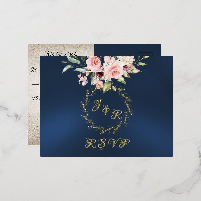 Carte Postale D'invitation À Feuilles D'aluminium Blush Floral & Wreath RSVP - Blue (Recto/Verso)