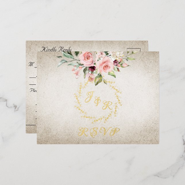 Carte Postale D'invitation À Feuilles D'aluminium Blush Floral & Wreath RSVP - Cream (Recto/Verso)