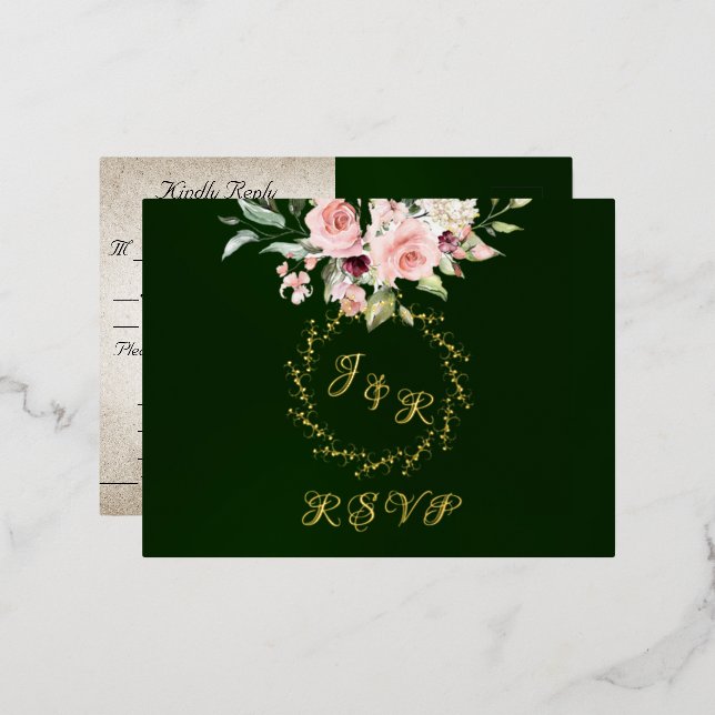 Carte Postale D'invitation À Feuilles D'aluminium Blush Floral & Wreath RSVP - Emerald (Recto/Verso)