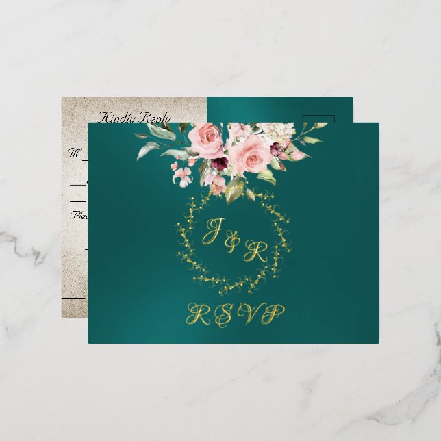 Carte Postale D'invitation À Feuilles D'aluminium Blush Floral & Wreath RSVP - Teal (Recto/Verso)