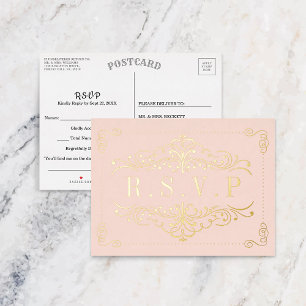Carte Postale D'invitation À Feuilles D'aluminium Blush Rose & Or Ornate Swirl Wedding RSVP Real