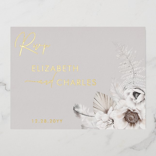 Carte Postale D'invitation À Feuilles D'aluminium Boho Floral hiver Rustique Botanique RSVP (Recto)