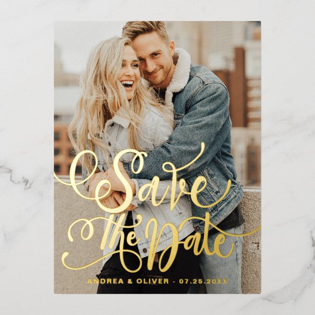 Carte Postale D'invitation À Feuilles D'aluminium Bold Modern Calligraphy Photo Enregistrer la date (Recto)