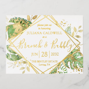 Carte Postale D'invitation À Feuilles D'aluminium Bridal Brunch Tropical moderne & Bubbly Gold