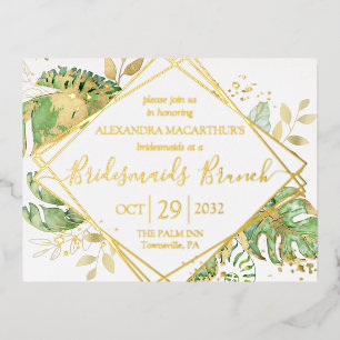 Carte Postale D'invitation À Feuilles D'aluminium Bridesmaitres Tropical Modernes Brunch Gold