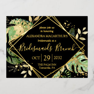 Carte Postale D'invitation À Feuilles D'aluminium Bridesmaitres Tropical Modernes Brunch Gold